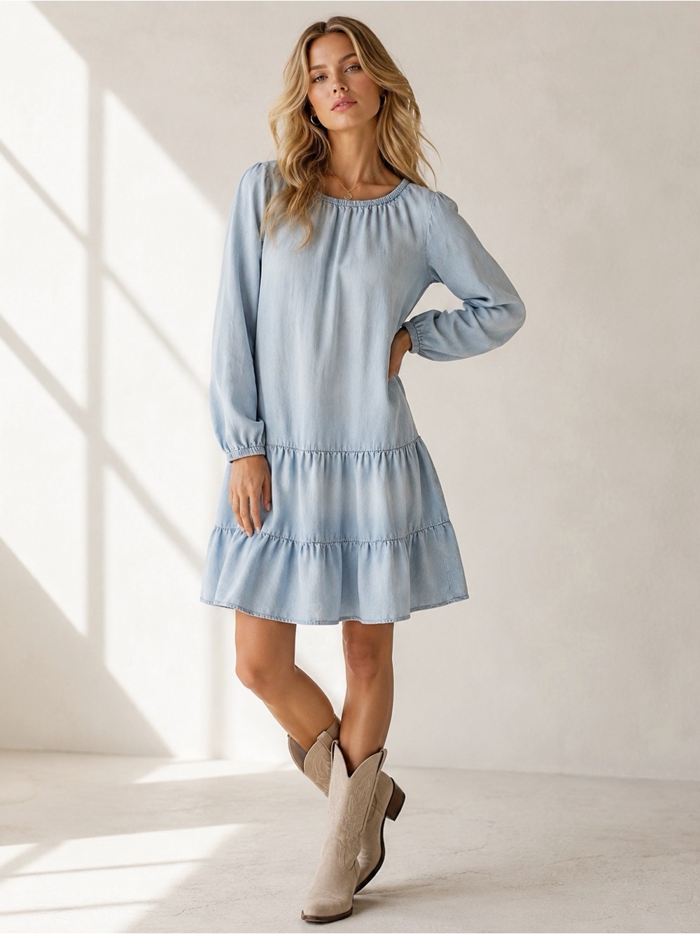 Cloth & Stone Anthropologie Woman Blue Chambray Relax Tier Dress MEDIUM Boho